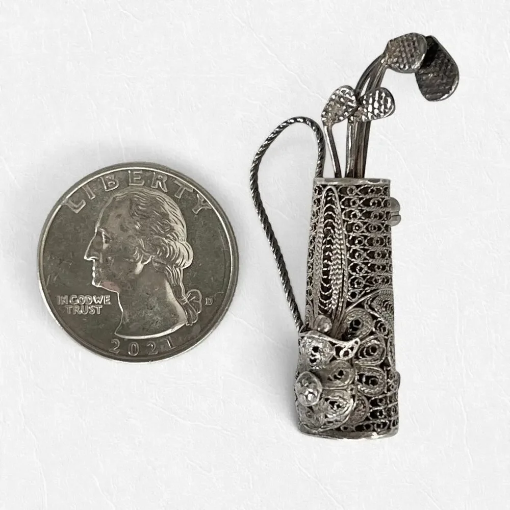 Vintage Filigree Brooch Golf Clubs Bag Handcrafted Pin Ornate Silver Tone Estate